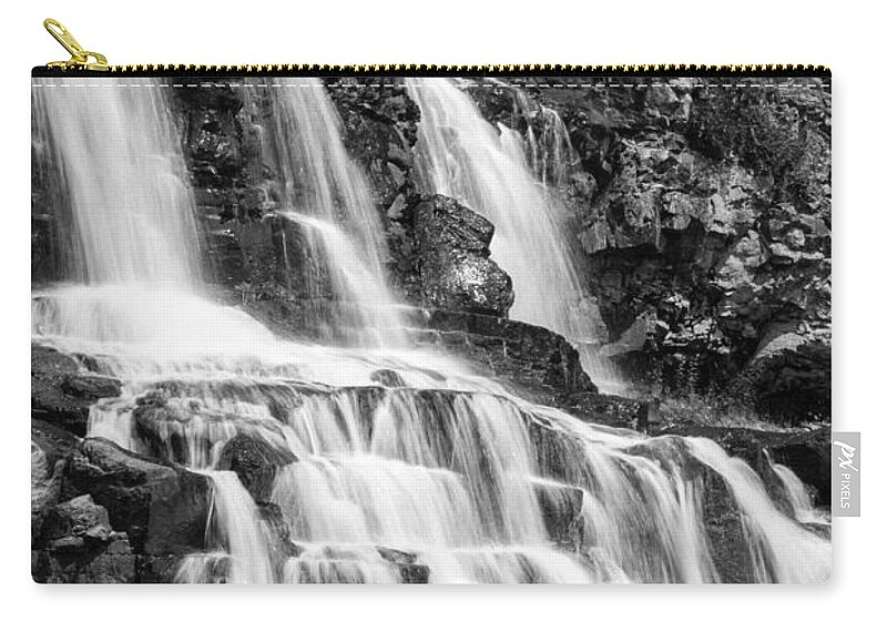 Duluth Zip Pouch featuring the photograph Gooseberry Falls BW vertical by Penny Meyers