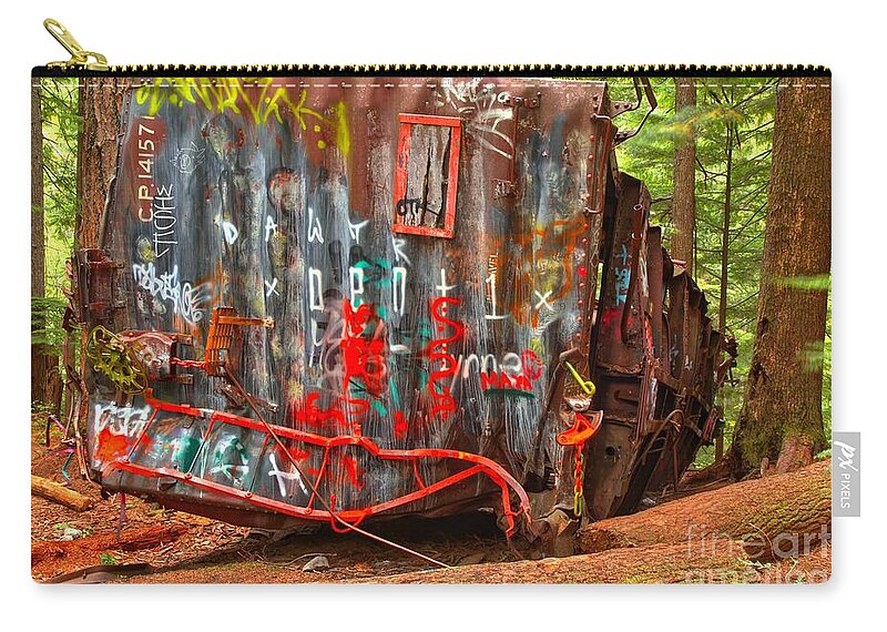 Train Wreck Zip Pouch featuring the photograph Graffiti On The Wreckage by Adam Jewell