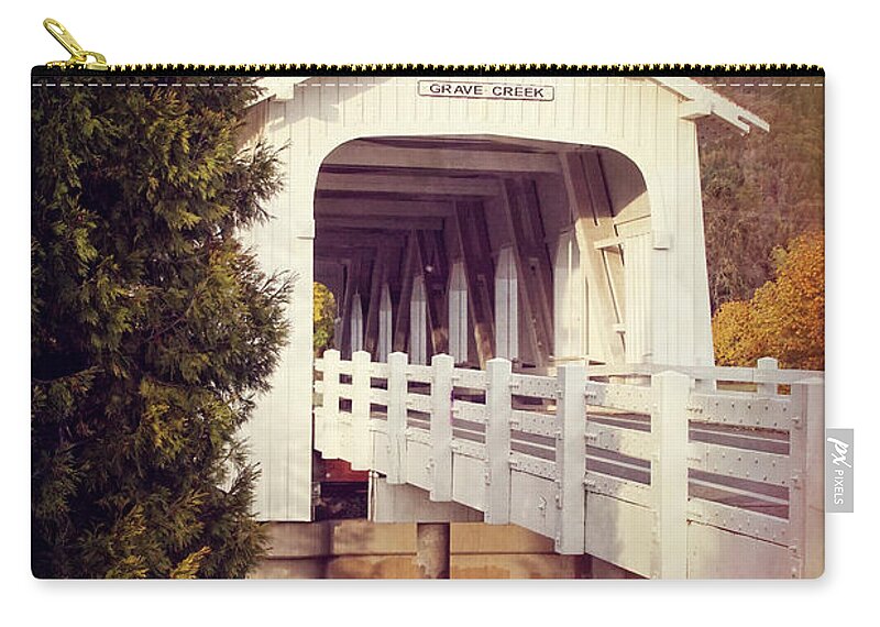 Grave Creek Covered Bridge Zip Pouch featuring the photograph Grave Creek Covered Bridge by Mick Anderson