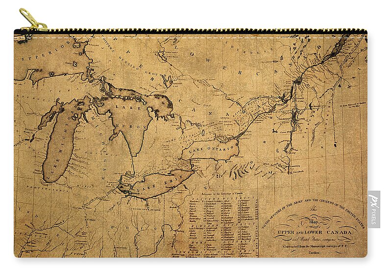 Great Lakes Zip Pouch featuring the mixed media Great Lakes and Canada Vintage Map on Worn Canvas Circa 1812 by Design Turnpike