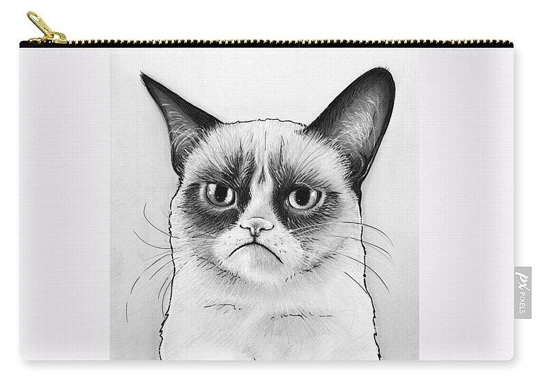 Grumpy Cat Zip Pouch featuring the drawing Grumpy Cat Portrait by Olga Shvartsur