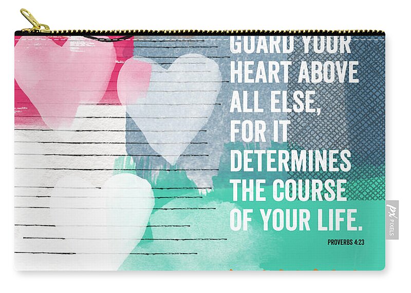 Proverbs Zip Pouch featuring the mixed media Guard Your Heart- contemporary scripture art by Linda Woods