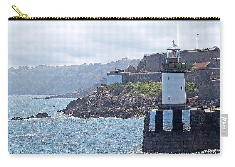 Coastal Scene Zip Pouch featuring the photograph Guernsey Lighthouse by Gill Billington