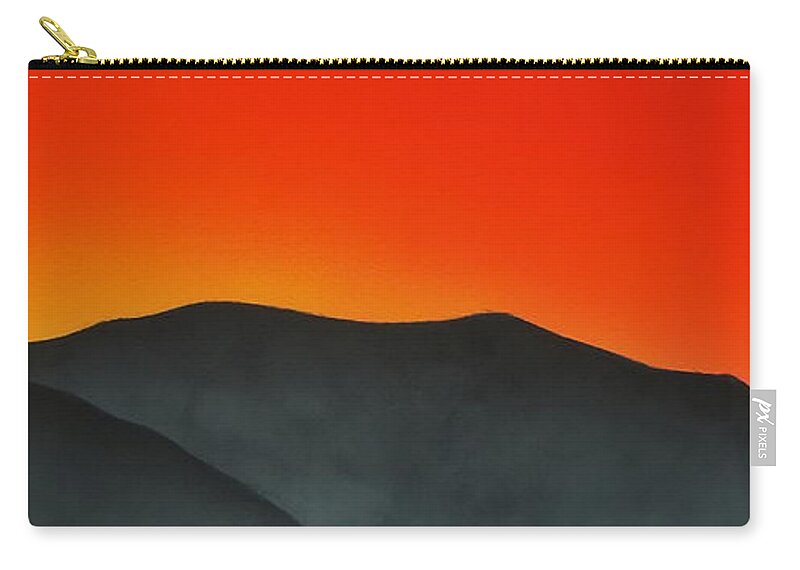 Hills Landscape Sky Sun Sunset Glow Mist Mountain New Zealand Orange Red Panorama Zip Pouch featuring the painting Hakarimata sunset by Guy Pettingell