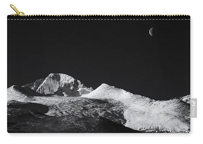 Monochrome Zip Pouch featuring the photograph Half Moon over Longs Peak by Darren White