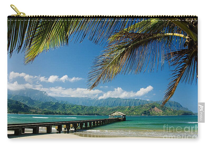 Bay Zip Pouch featuring the photograph Hanalei Pier and beach by M Swiet Productions