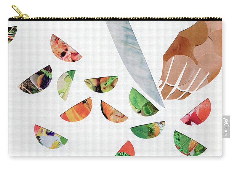 Adult Zip Pouch featuring the photograph Hand Slicing Food With Sharp Knife by Ikon Ikon Images