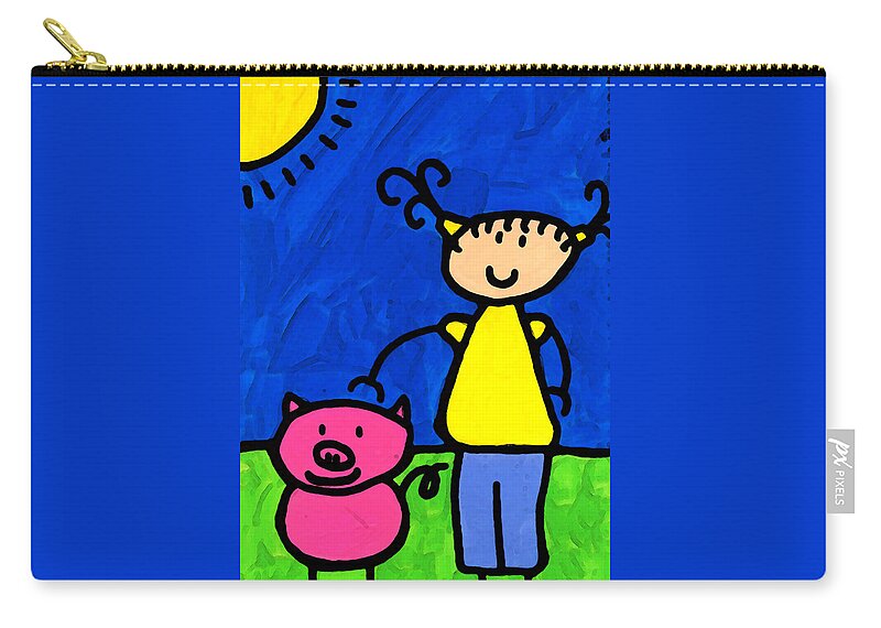 Pig Zip Pouch featuring the painting Happi Arte 1 - Girl With Pink Pig Art by Sharon Cummings