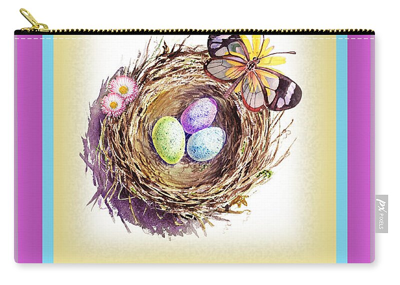 Bird Nest Zip Pouch featuring the painting Happy Easter Happy Nest by Irina Sztukowski