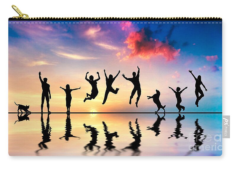 Team Zip Pouch featuring the photograph Happy friends family with dog and cat jumping at sunset by Michal Bednarek