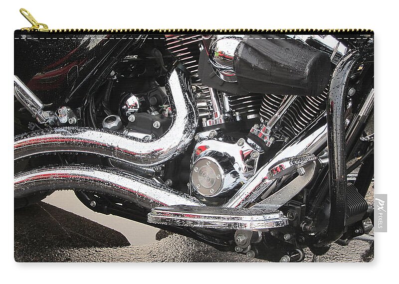 Motorcycles Zip Pouch featuring the photograph Harley Engine Close-up Rain 2 by Anita Burgermeister