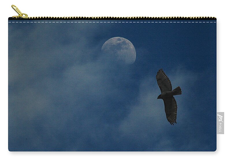 Hawk Zip Pouch featuring the photograph Hawk and Moon Coming Out of the Mist by Raymond Salani III