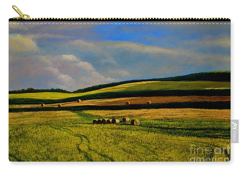 Hay Rolls Zip Pouch featuring the painting Hay Rolls on the Field Number Two by Christopher Shellhammer