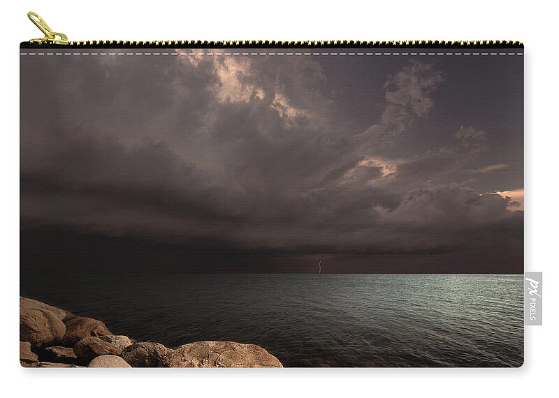 Sea Clouds Bay Water Seascape Landscape Balticsea Rocks Shore Storm Light Lightning Calm Sun Sky Nature Photomontage Photomanipulation Carry-all Pouch featuring the photograph Heart of the Tempest by Michal Karcz