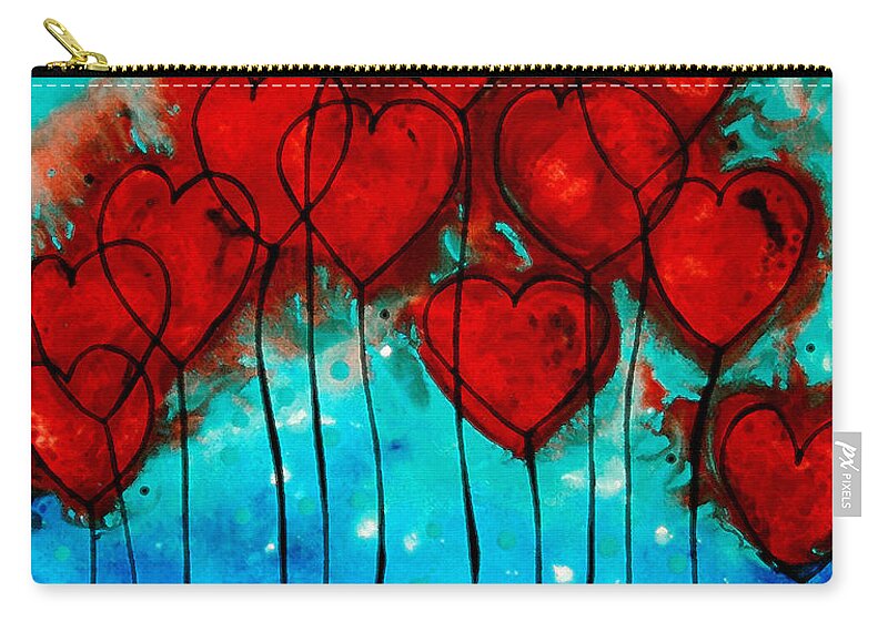 Red Zip Pouch featuring the painting Hearts on Fire - Romantic Art By Sharon Cummings by Sharon Cummings