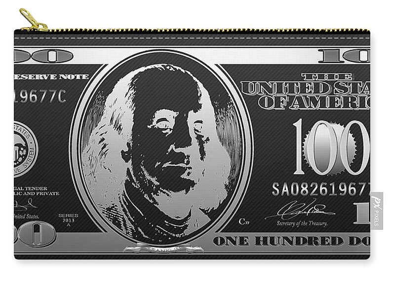 'visual Art Pop' Collection By Serge Averbukh Zip Pouch featuring the digital art Hello Benjamin - Silver One Hundred Dollar US Bill on Black by Serge Averbukh