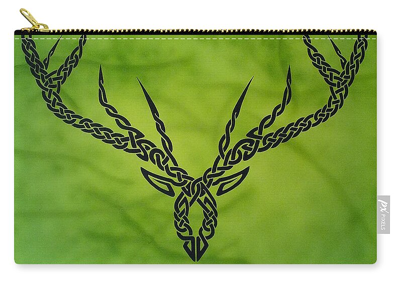 Celtic Knotwork Antlers Green Forest Antlers Deer Hunter Hunting Trees Branches Nature Cernunnos Zip Pouch featuring the painting Herne by Guy Pettingell