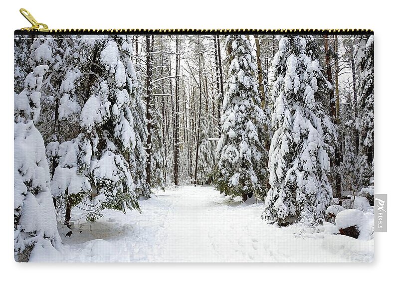 Snowy Scene Zip Pouch featuring the photograph Hersey Lake winter path by Elaine Berger