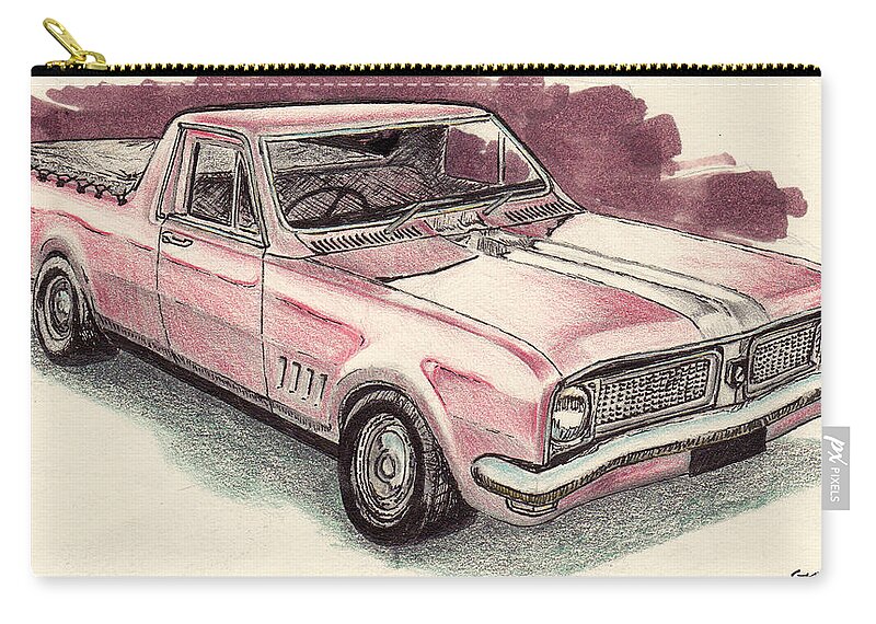 Holden Ute Australia Bathurst Aussie Pickup Car V8 Classic Red Zip Pouch featuring the drawing Hg Holden ute by Guy Pettingell