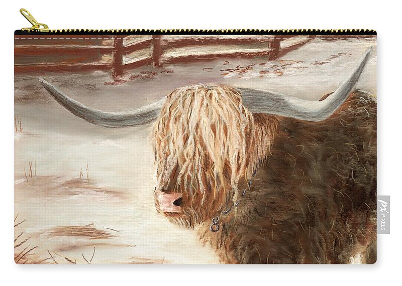 Countryside Zip Pouch featuring the painting Highland Bull by Anastasiya Malakhova