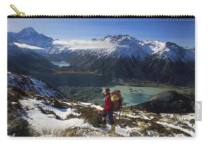 Feb0514 Zip Pouch featuring the photograph Hiker Viewing Mt Cook by Colin Monteath