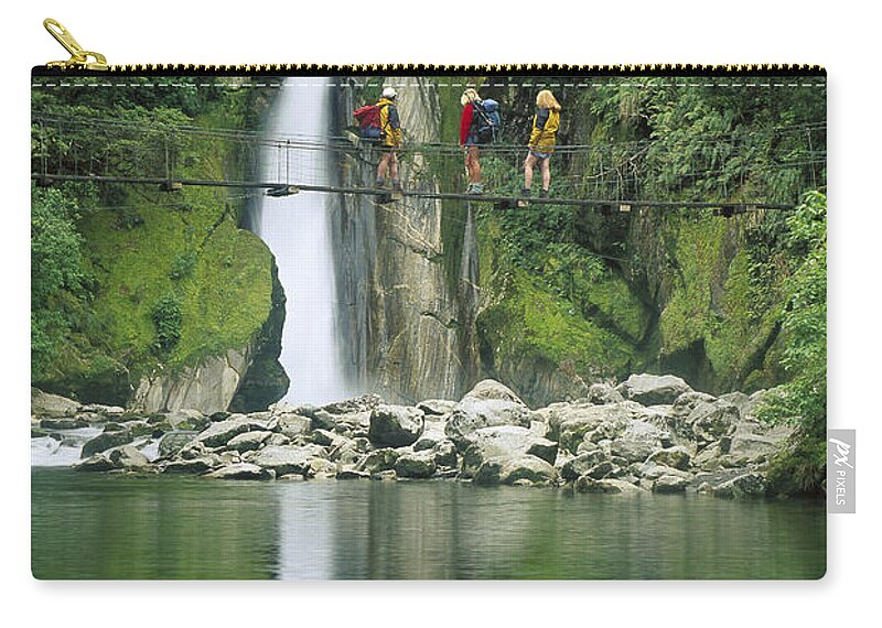 Feb0514 Zip Pouch featuring the photograph Hikers On Bridge Giants Gates Falls by Colin Monteath