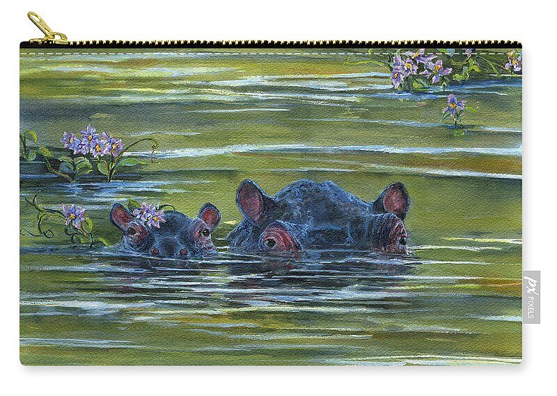 Hippo Zip Pouch featuring the painting Hippos and Hyacinths by June Hunt