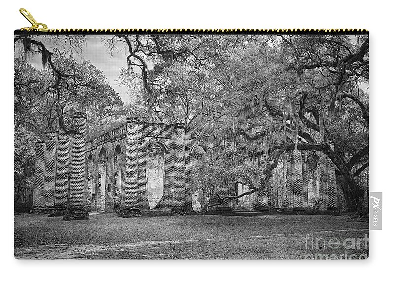 Old Sheldon Church Zip Pouch featuring the photograph Historic Sheldon Church 6 BW by Carrie Cranwill