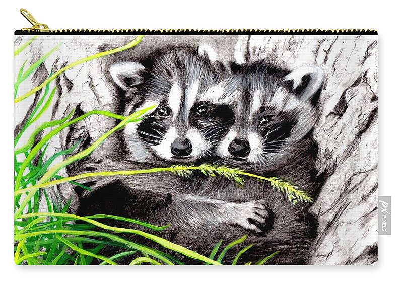 Racoons Zip Pouch featuring the drawing Hold Me Tight by Cassy Allsworth