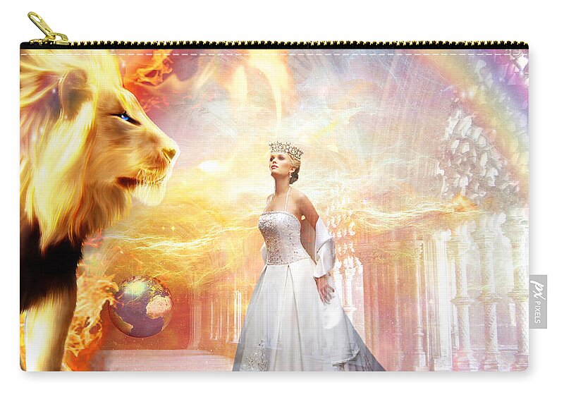 Lion Of Judah Hope Bride Of Christ Rainbow Stars Heaven Kings Court Room Earth World Zip Pouch featuring the digital art Hope of Glory by Dolores Develde