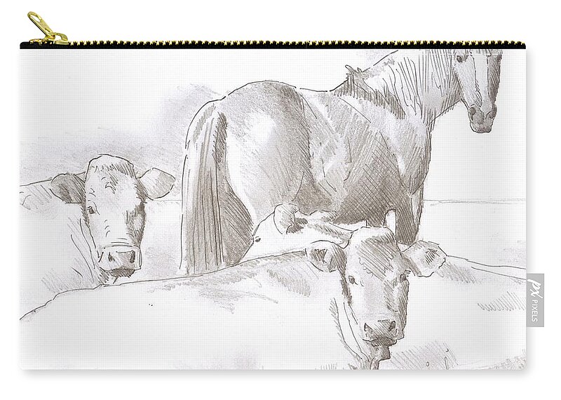 Horse Zip Pouch featuring the drawing Horse and Cows sketch by Mike Jory
