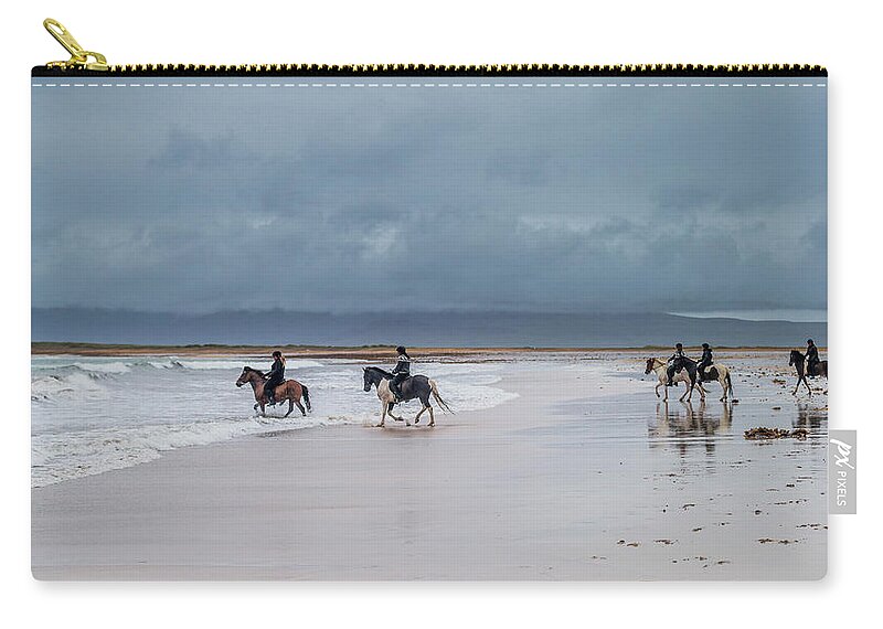 Horse Zip Pouch featuring the photograph Horseback Riding In The Ocean, Iceland by Arctic-images