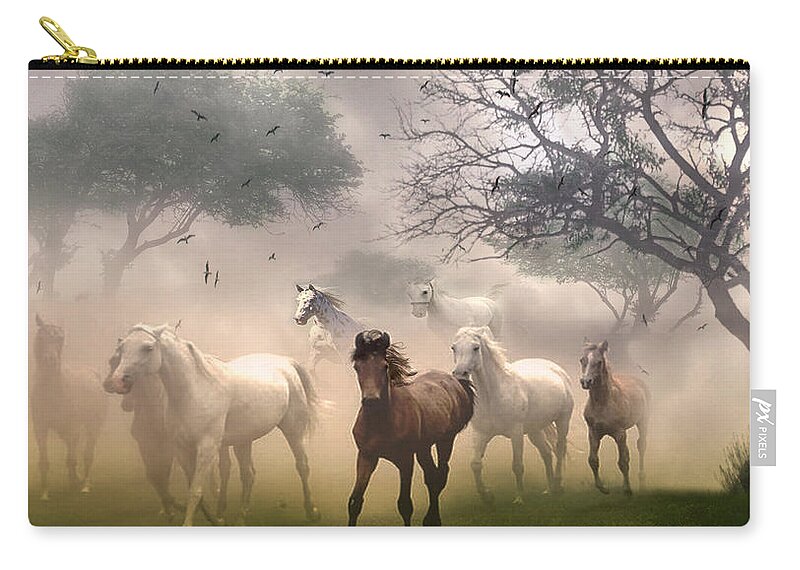 Horses Zip Pouch featuring the digital art Horses in the Mist by Nina Bradica