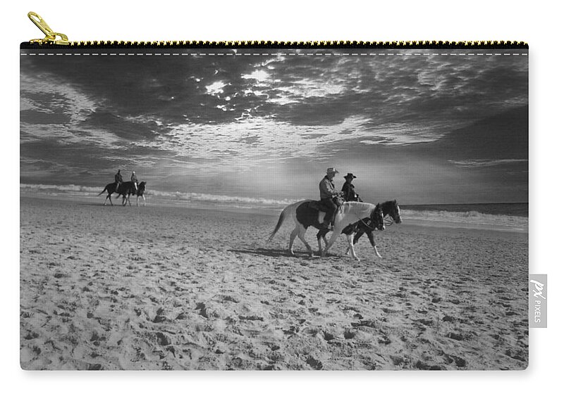 Horses Zip Pouch featuring the photograph Horses on the beach BW by Nelson Watkins