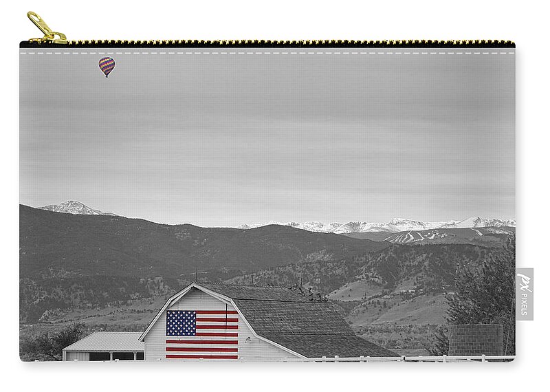 'hot Air Balloon' Zip Pouch featuring the photograph Hot Air Balloon Boulder Flag Barn and Eldora BWSC by James BO Insogna