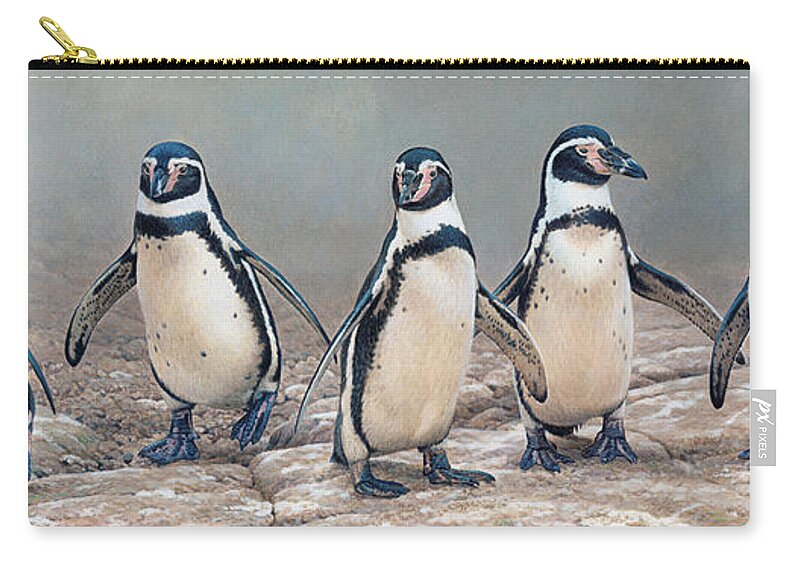 Animal Zip Pouch featuring the photograph Humboldt Penguins Standing In A Row by Ikon Ikon Images
