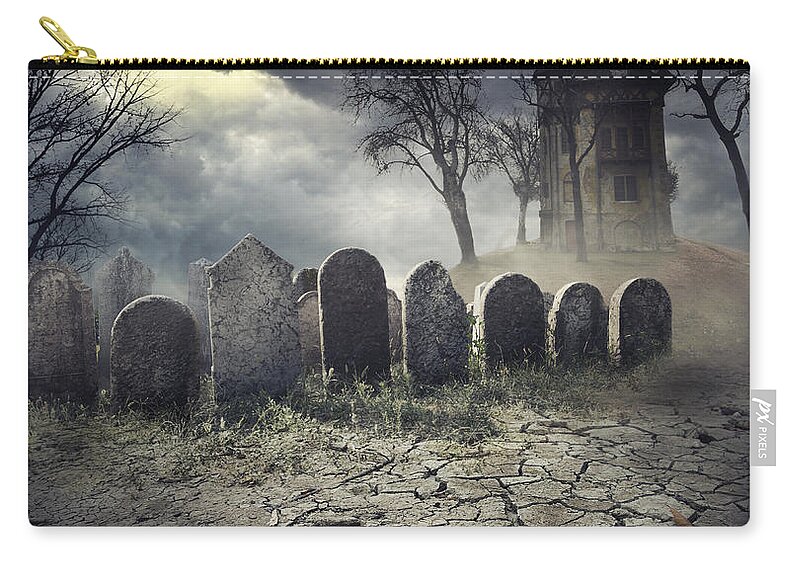 Halloween Zip Pouch featuring the digital art Hunted House on graveyard by Jelena Jovanovic
