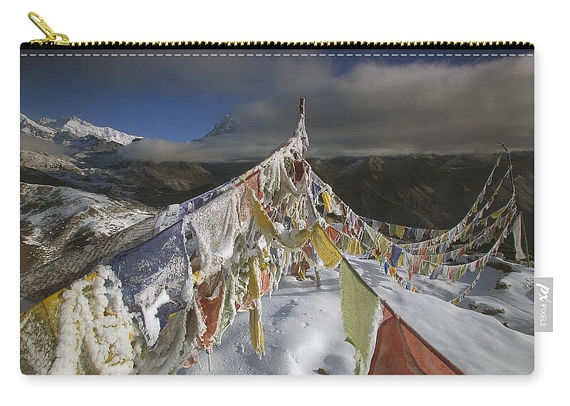 Feb0514 Zip Pouch featuring the photograph Icy Prayer Flags Himalaya India by Colin Monteath