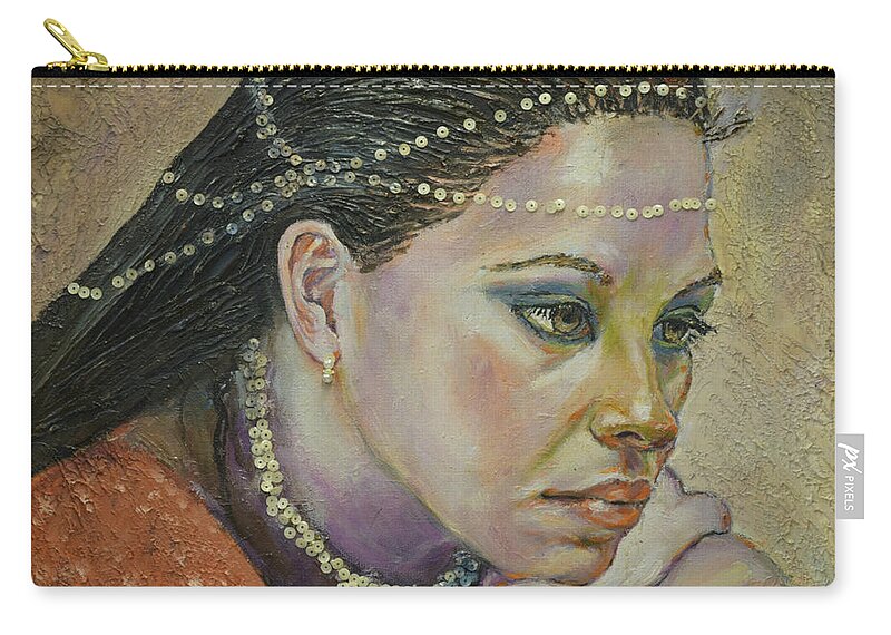 In Her Thougts Zip Pouch featuring the painting In Her Thoughts by Raija Merila