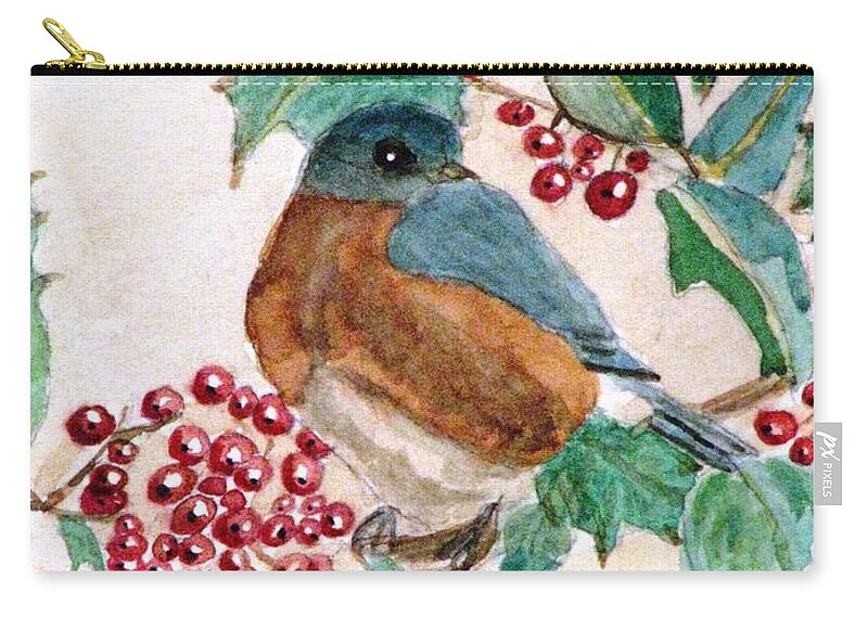 Bluebirds Zip Pouch featuring the painting In The Holly Tree by Angela Davies