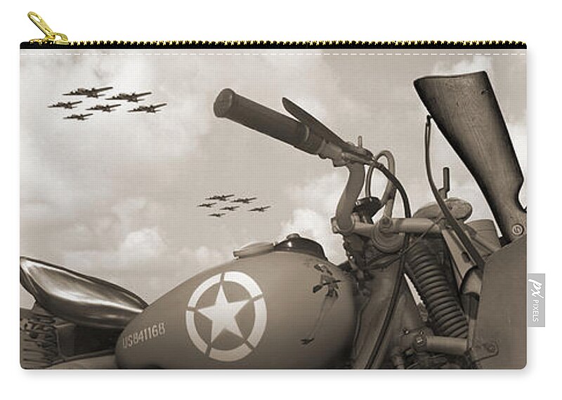 Ww2 Carry-all Pouch featuring the photograph Indian 841 And The B-17 Panoramic Sepia by Mike McGlothlen