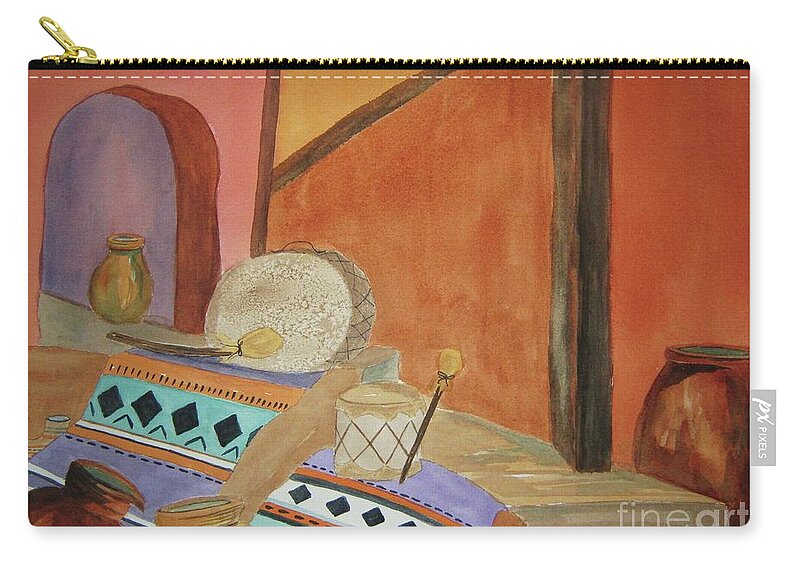 Still Life Zip Pouch featuring the painting Indian Blankets Jars and Drums by Ellen Levinson
