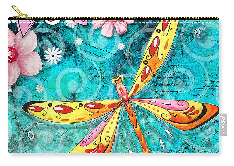 Dragonfly Zip Pouch featuring the painting Inspirational Dragonfly Floral Art Inspiring art Quote Embrace Life by Megan Duncanson by Megan Aroon