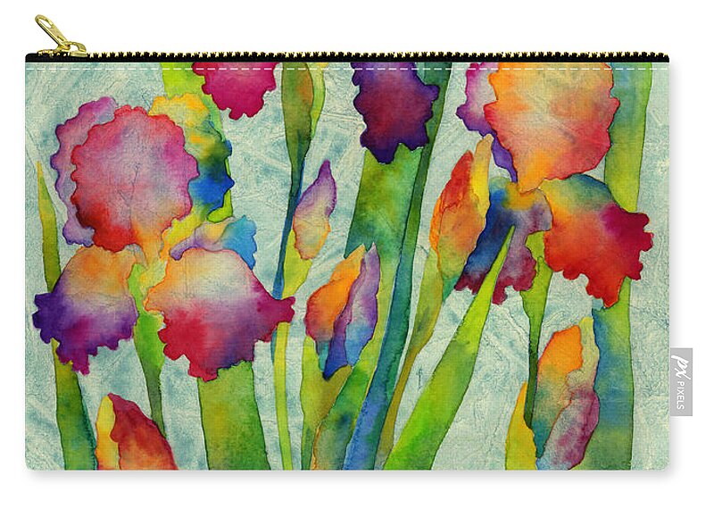 Iris Zip Pouch featuring the painting Iris Elegance on Green by Hailey E Herrera