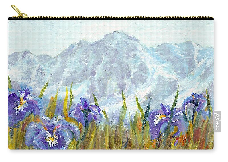Iris Zip Pouch featuring the painting Iris Field in Alaska by Karen Mattson