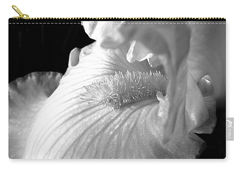 Bearded Iris Zip Pouch featuring the photograph Iris Flower in Black and White by Jennie Marie Schell