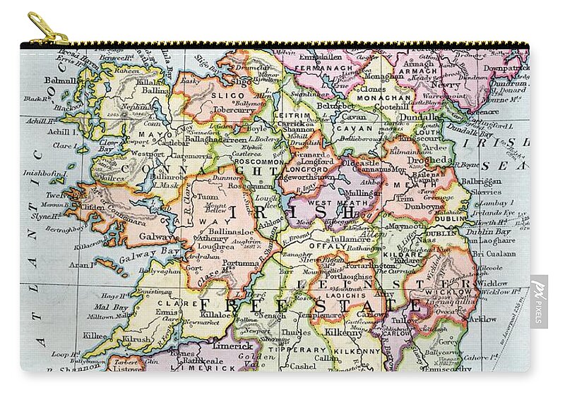 Map; Mapping; Cartography; Grid; Scale; Territory; Island Zip Pouch featuring the painting Irish Free State and Northern Ireland from Bacon s Excelsior Atlas of the World by English School