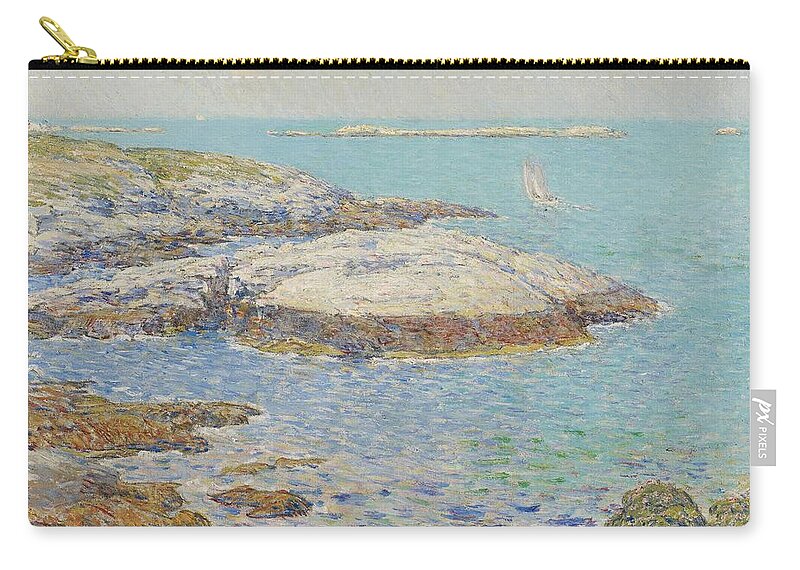 New England; America; American; Landscape; View; Coast; Coastal; Seascape; Us; Usa; United States; New Hampshire; Maine; Summer; Summertime; Isles Of Shoals; Island; Islands; Sailing Boat; Sails; Lighthouse; Rocks; Rocky; Shore; Shoreline; Impressionism; Impressionist; Sea Zip Pouch featuring the painting Isles of Shoals by Childe Hassam