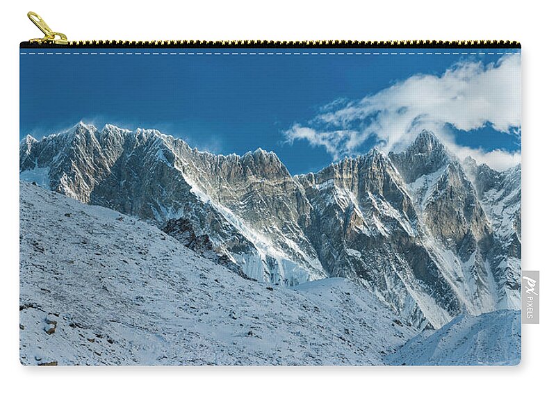 Scenics Zip Pouch featuring the photograph Jagged Mountain Peaks Nuptse Lhotse by Fotovoyager
