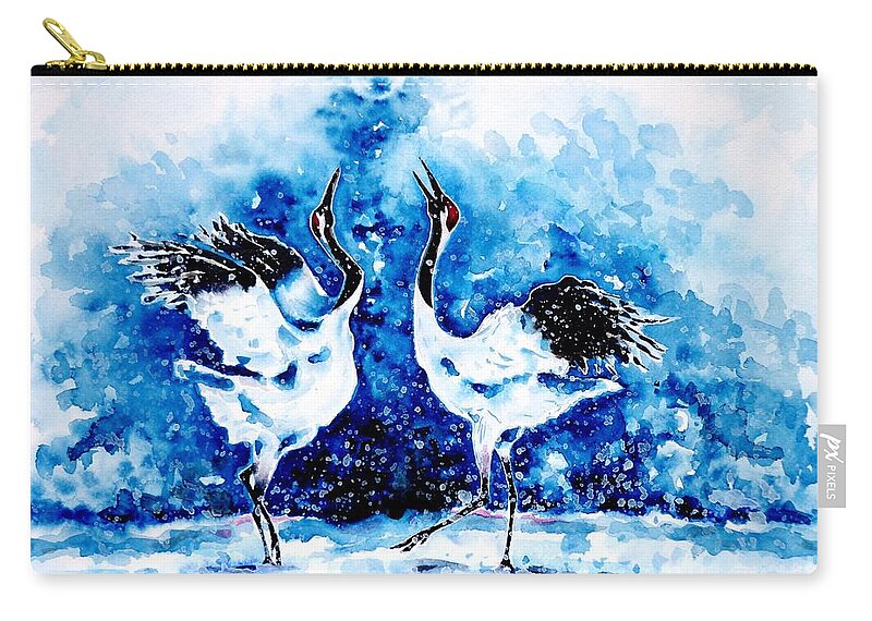 Japanese Zip Pouch featuring the painting Japanese Cranes by Zaira Dzhaubaeva